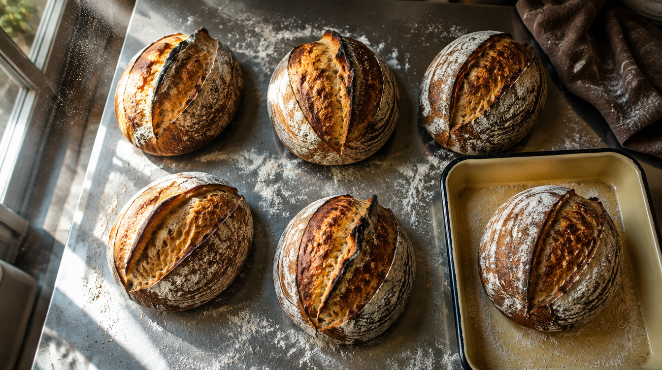 Six crusty sourdough loaves with deep scored ears on a floured steel bench