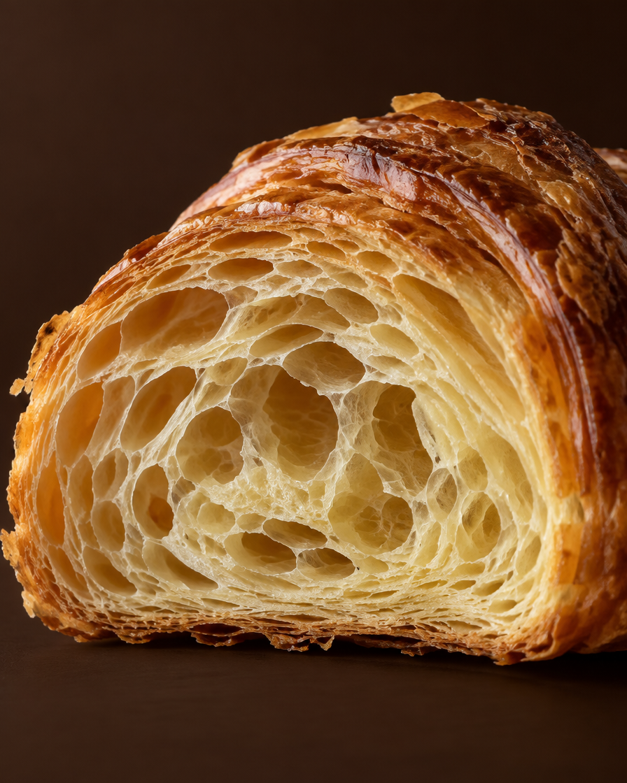 Close-up of a butter croissant cut open to show its honeycomb layers