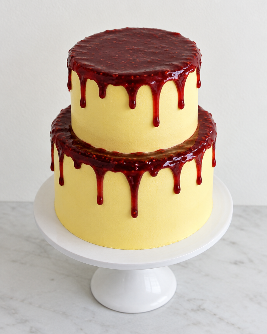 A two-tier butter-yellow cake with a jam-red drip on a white stand
