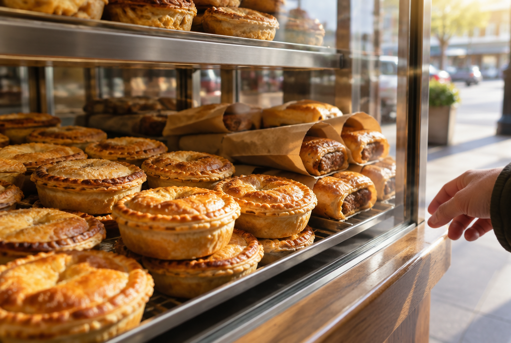 A pie cabinet full of golden mince and cheese pies and sausage rolls in paper bags