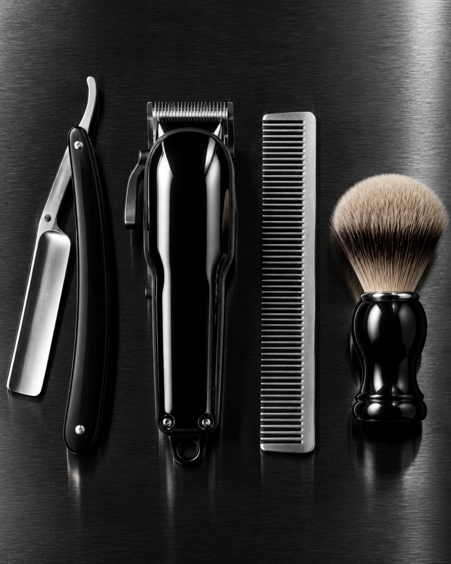 Straight razor, cordless clippers, steel comb and shaving brush laid out on brushed black steel