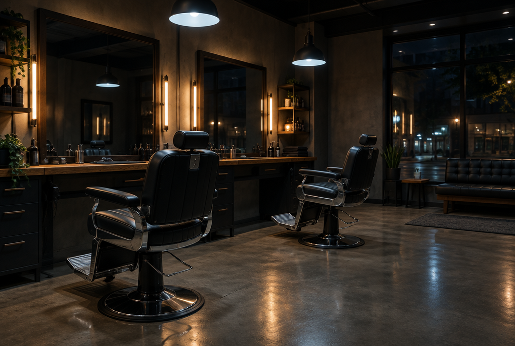 The empty shop at night: two black leather barber chairs, big mirrors and a concrete floor
