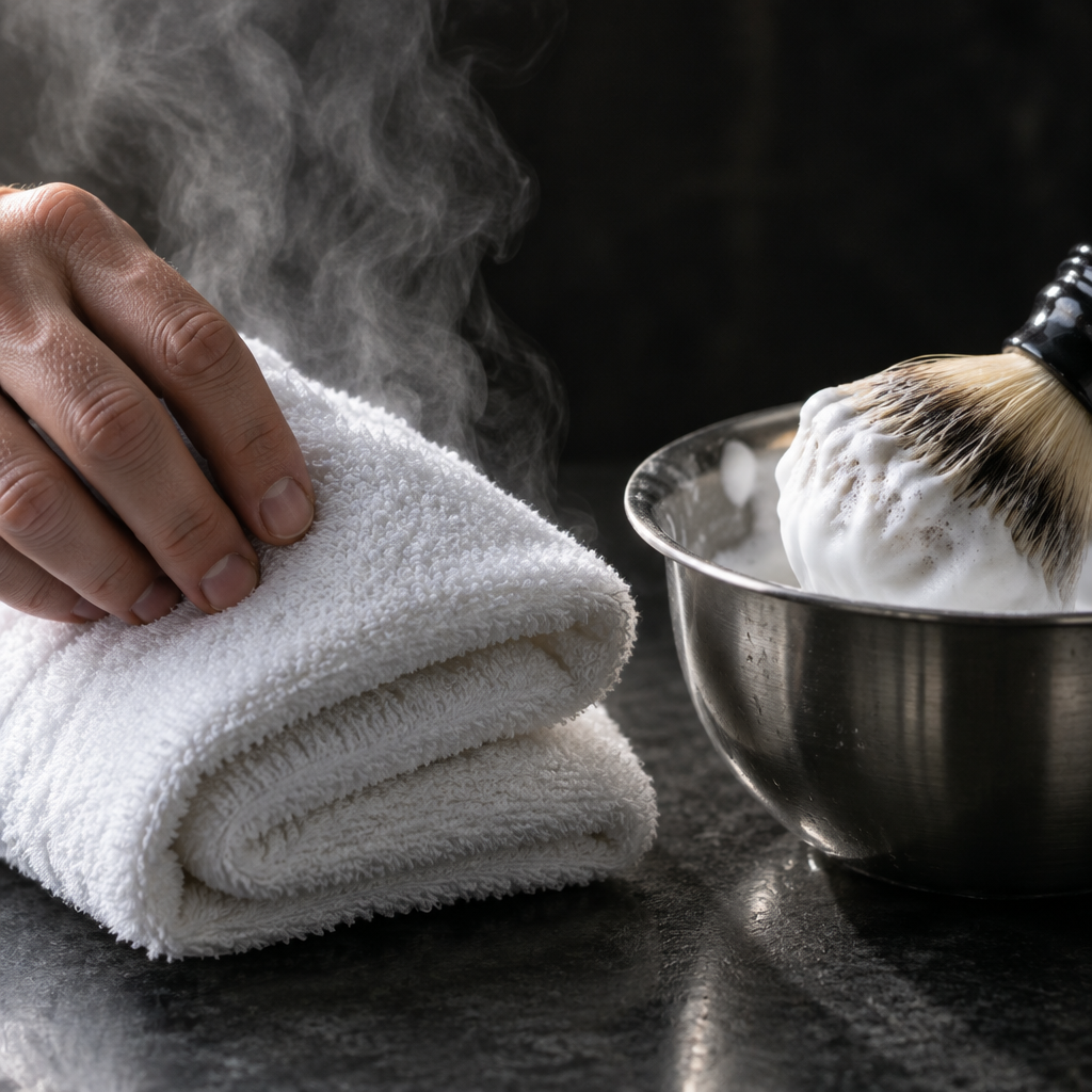 A hot towel being folded beside a lathered brush in a steaming steel bowl