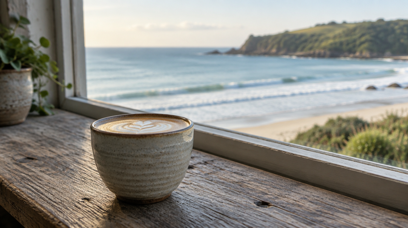 A flat white in a hand-thrown cup on a timber window bench, with the surf beach and green headland outside