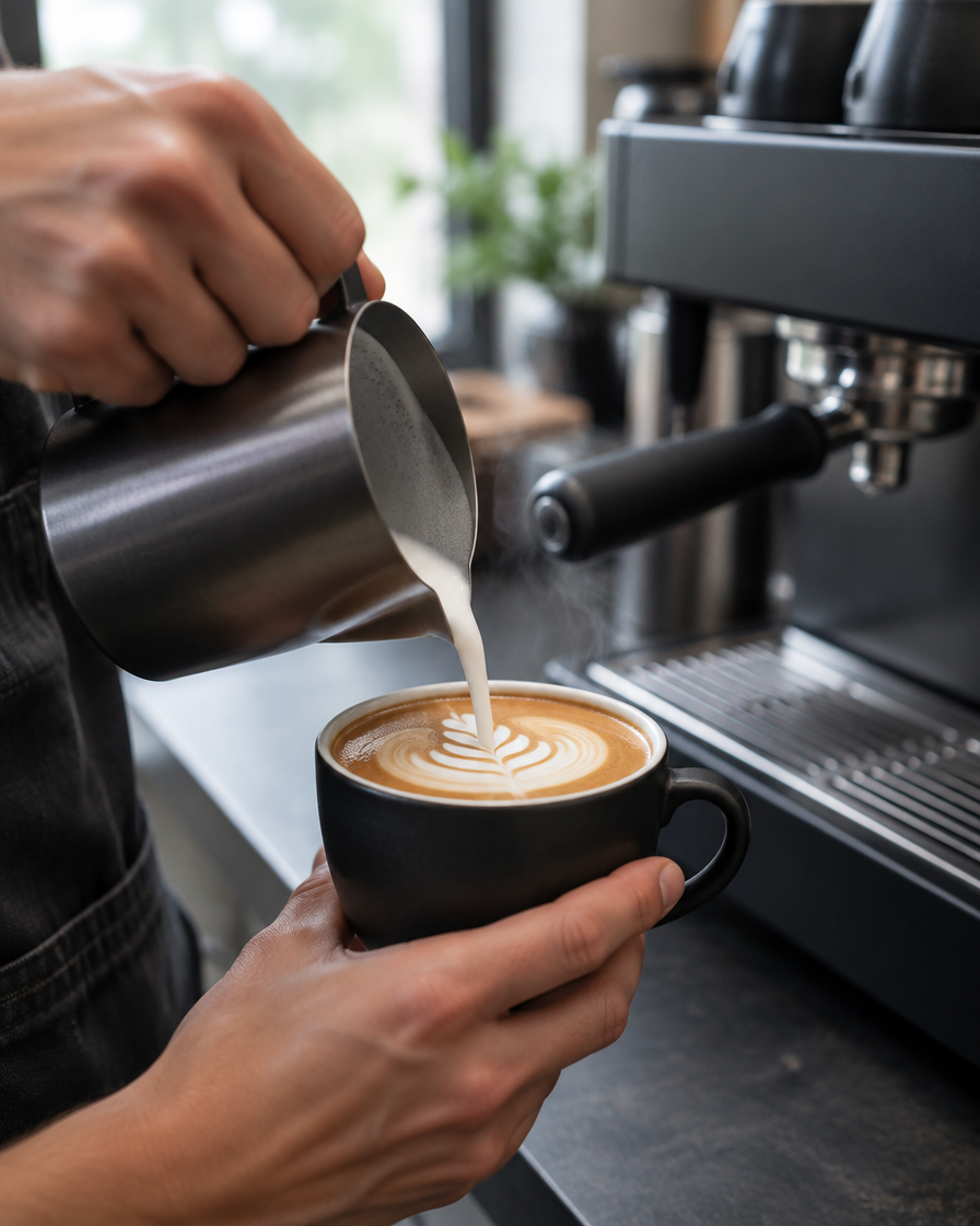 A barista's hands pouring latte art into a black cup in front of the espresso machine