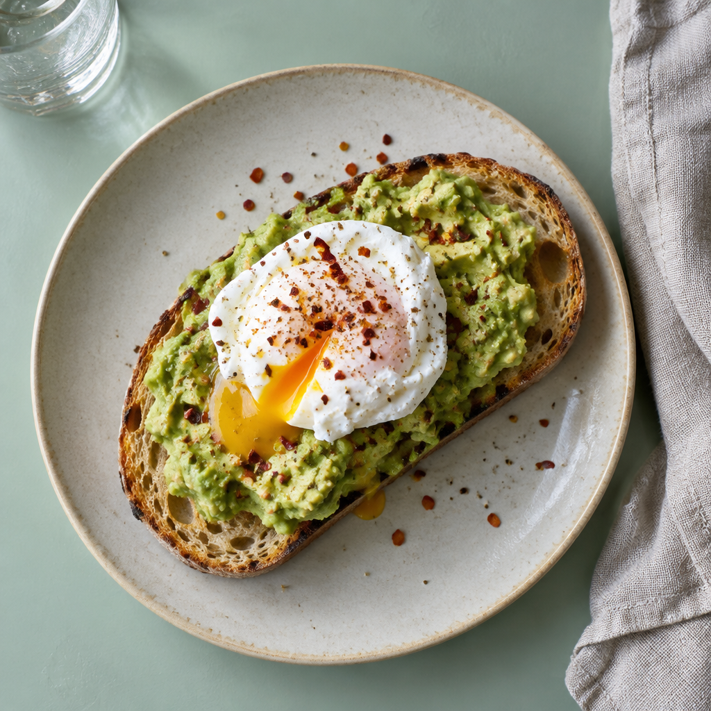 Smashed avocado on toasted sourdough with a poached egg and chilli flakes on a pale green table