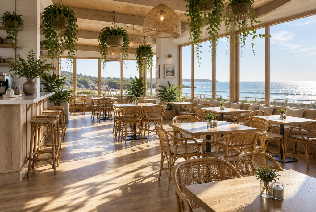 The café interior in morning light: pale timber, rattan chairs, hanging plants and tall windows facing the sea