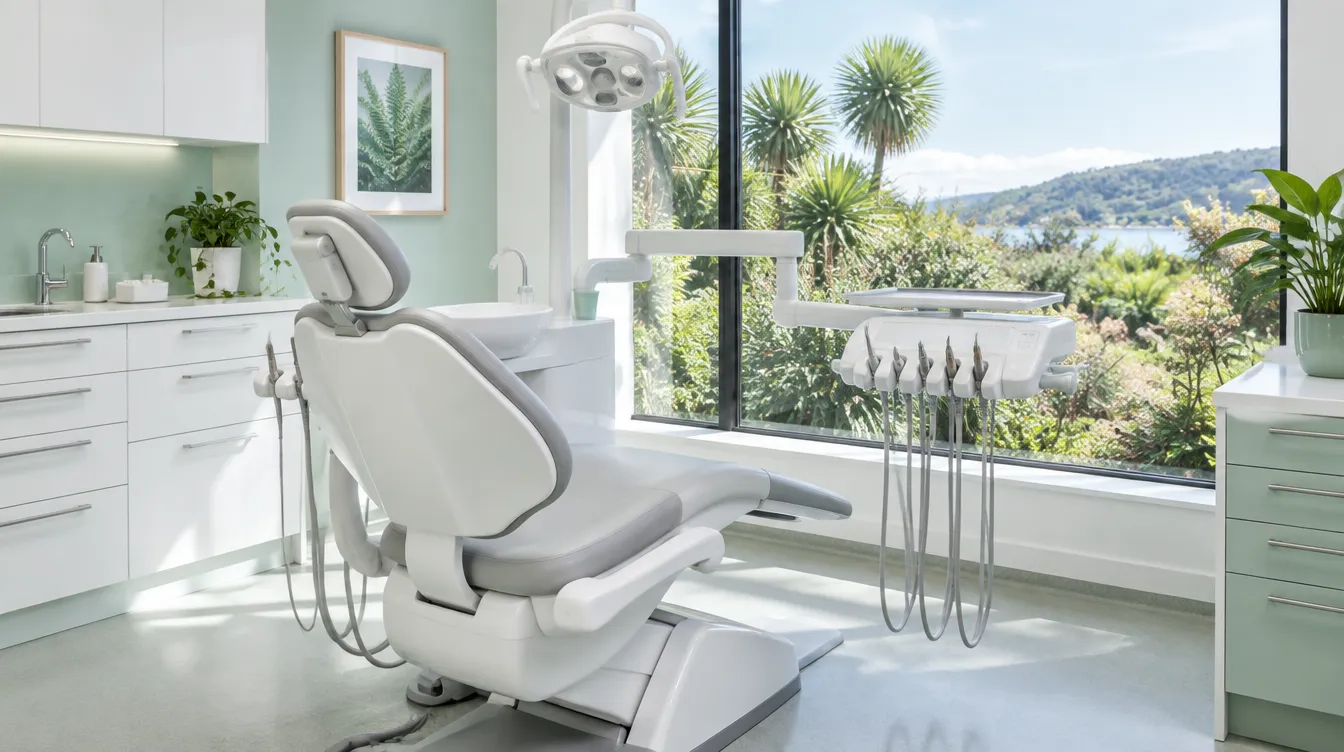 A bright treatment room with a white dental chair beside a large window looking onto native trees