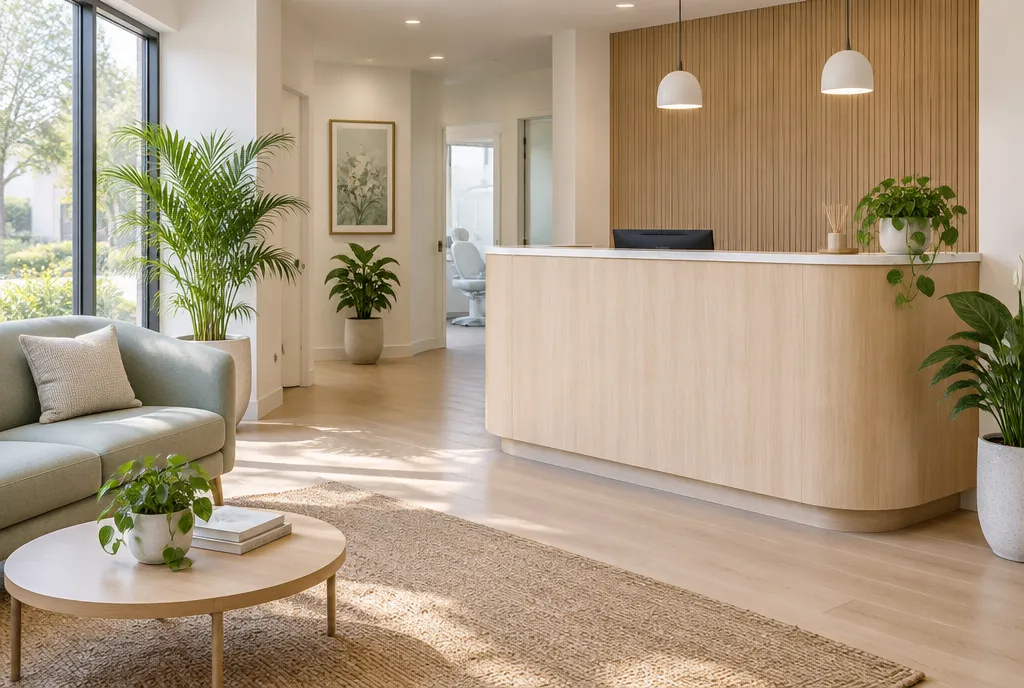 A calm reception area with a pale timber counter, a soft sofa and indoor plants