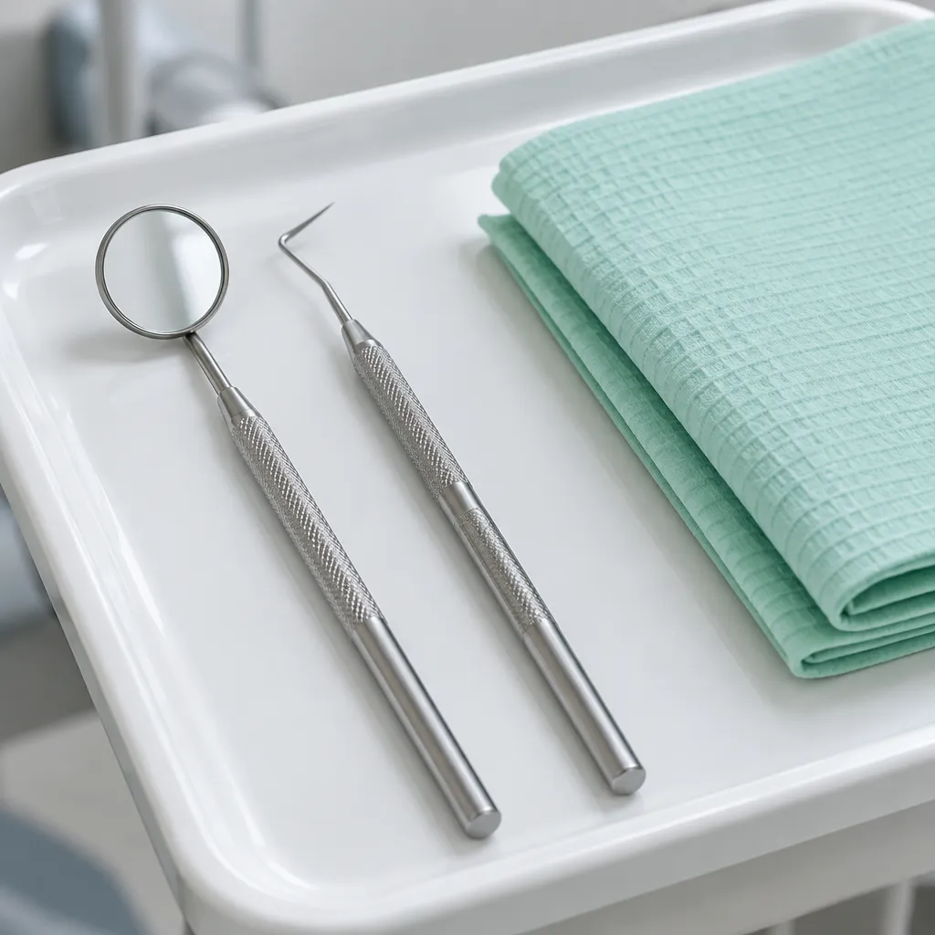 A dental mirror and probe beside a folded mint cloth on a white tray