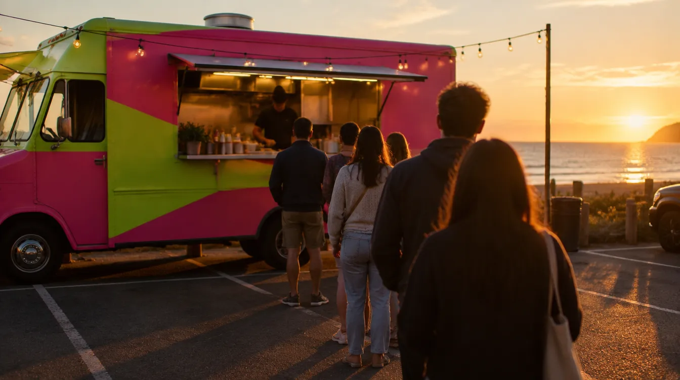 The pink and lime taco truck at a beachfront car park at sunset, festoon lights on, people queueing