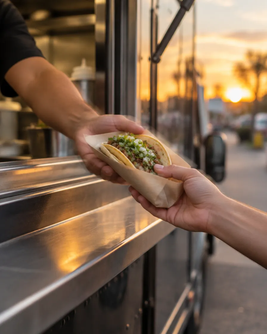 A taco wrapped in paper passed through the truck's service window at sunset