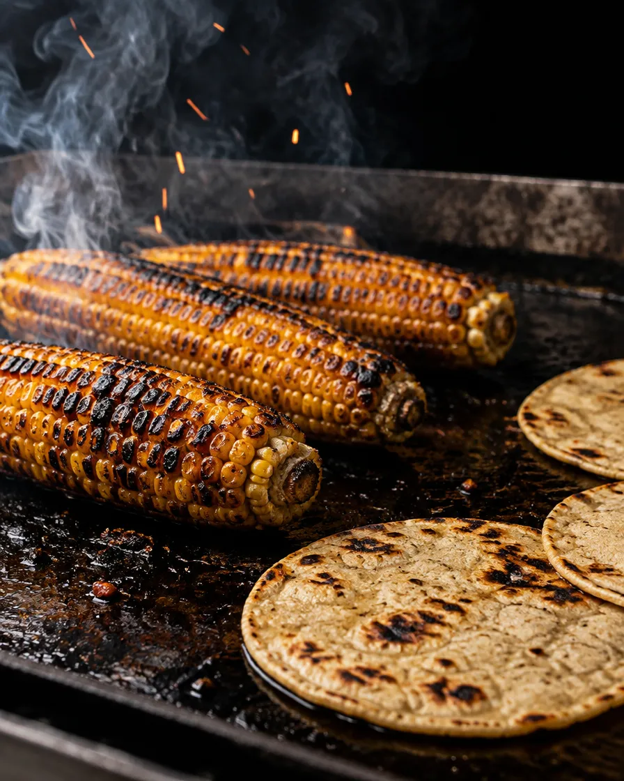 Charred corn cobs and tortillas on a smoking flat-top grill