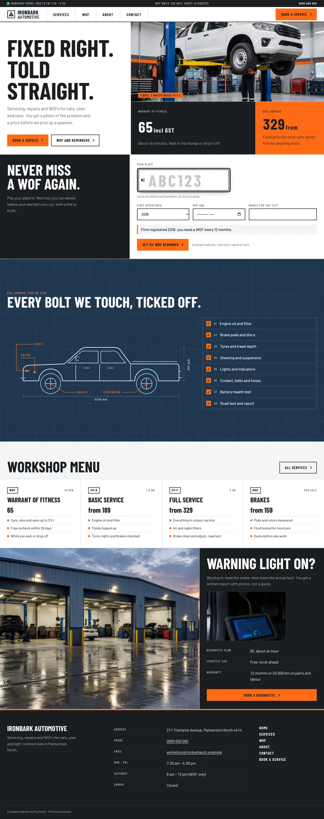 The Ironbark Automotive example website on a desktop screen: phone number in the top bar, a one-line headline, book buttons, a workshop price menu, and hours and address in the footer.