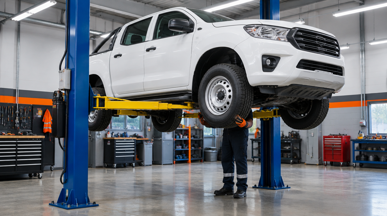 A white double-cab ute raised on a two-post hoist in a clean, bright workshop