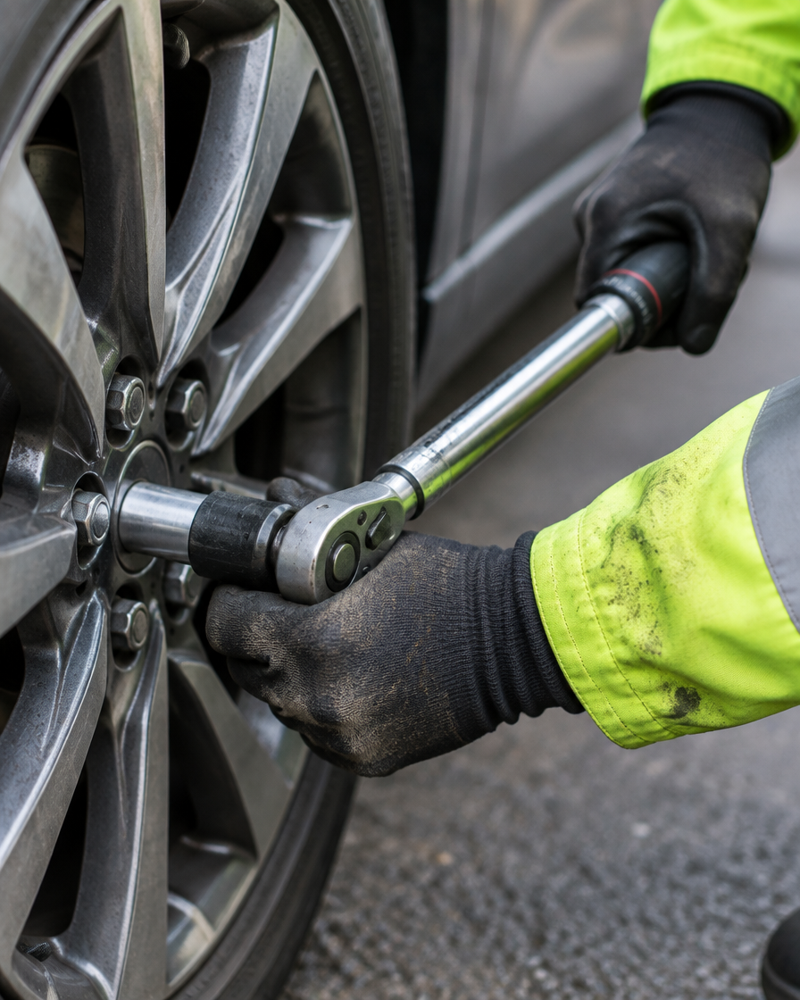 Gloved hands tightening a wheel nut with a torque wrench