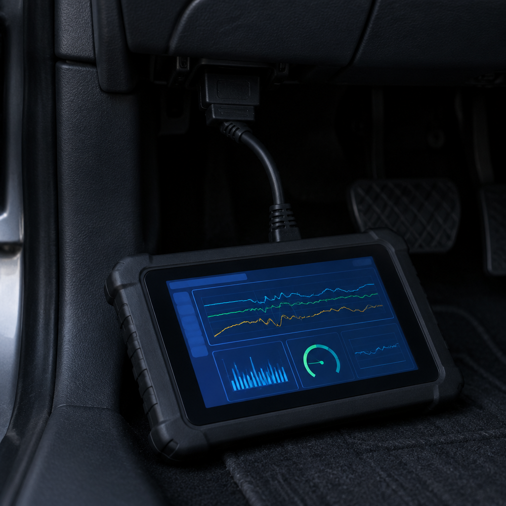 A diagnostic tablet plugged into a car's OBD port under the dashboard