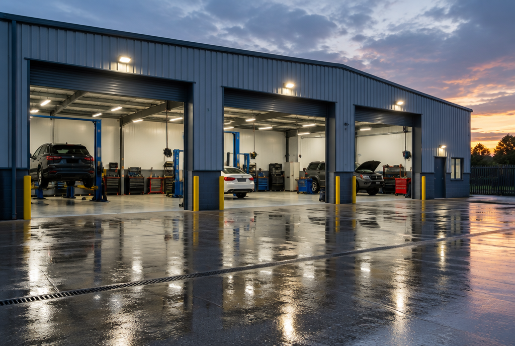 The workshop at dusk with roller doors open and lit service bays reflected on the wet forecourt