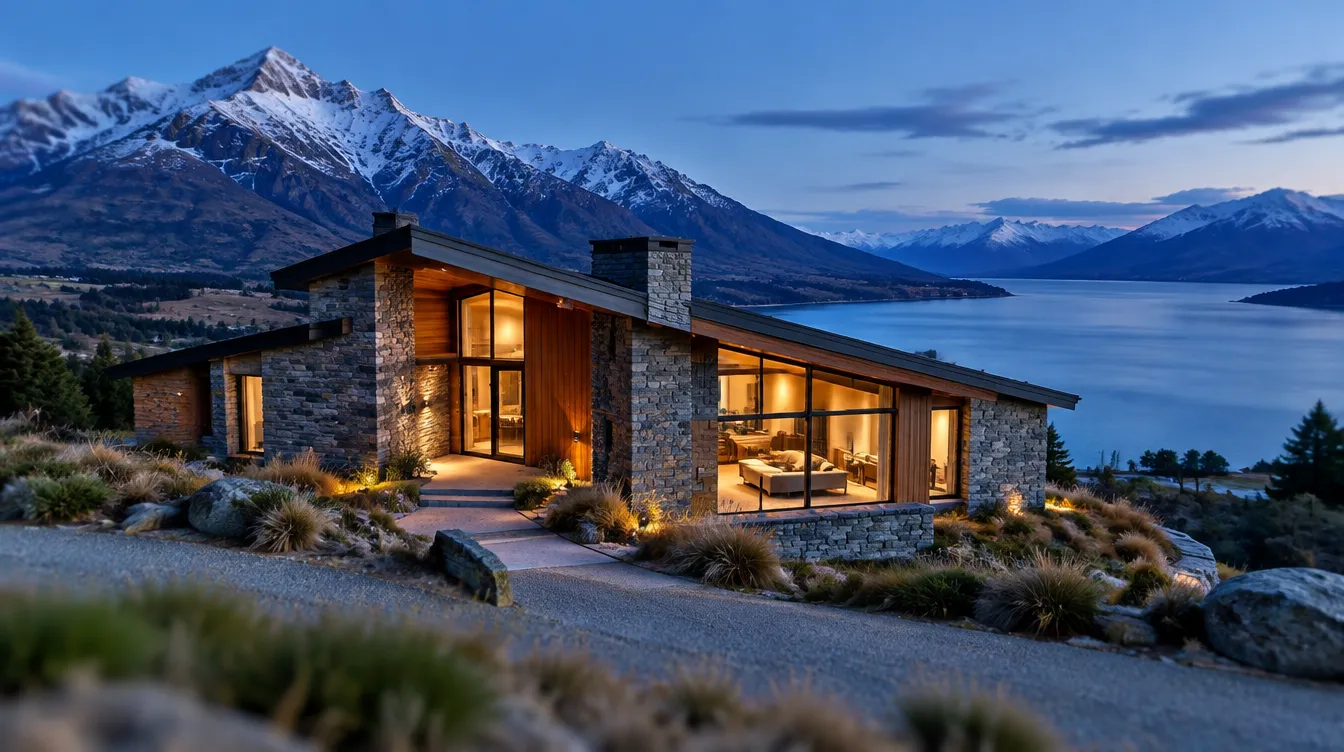 A schist and cedar house at blue hour with warm lights inside, the lake and snow-dusted mountains behind