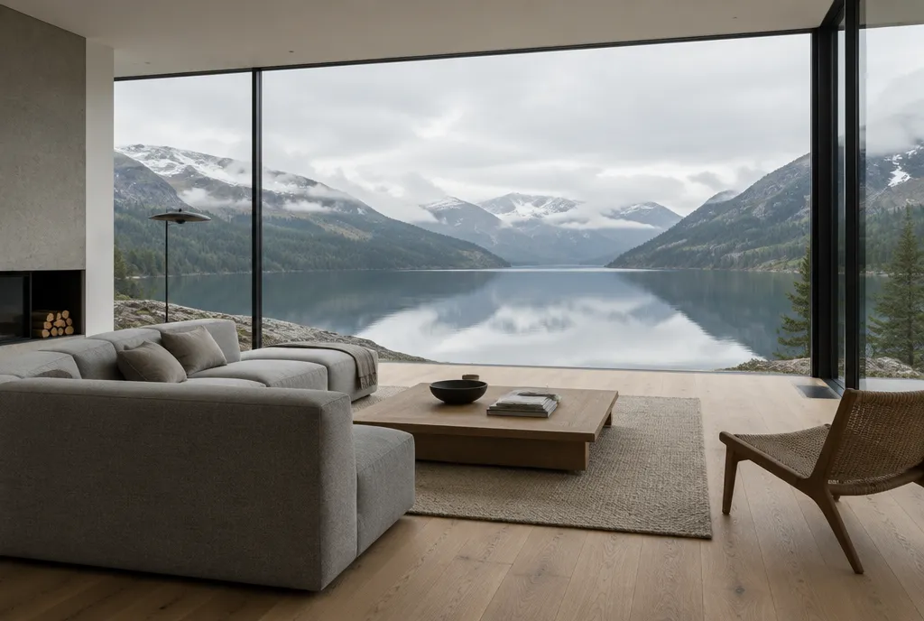 A minimal living room with a grey sofa and oak floor, a wall of glass looking onto a still lake and mountains