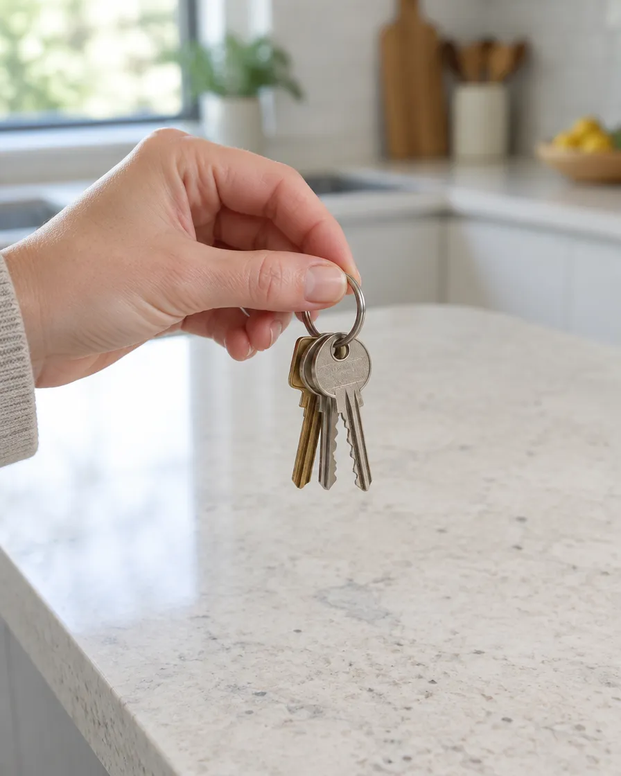 A hand holding a set of house keys over a pale stone kitchen bench