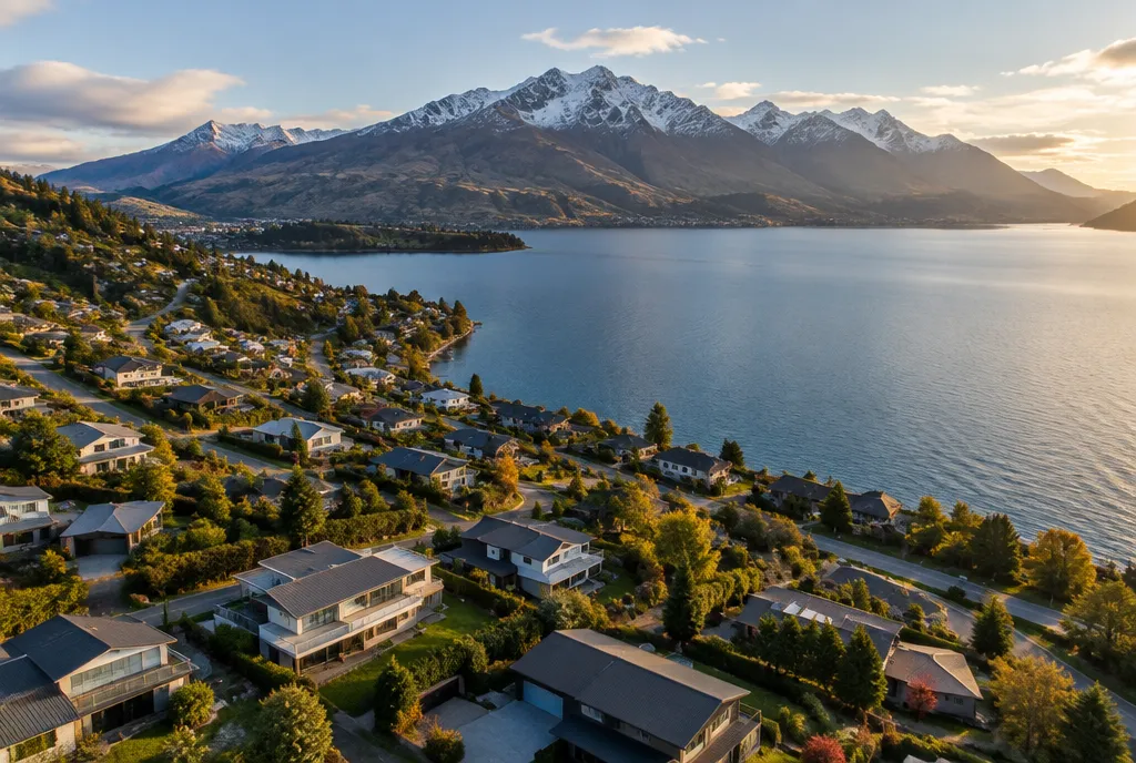 Aerial view of a lakeside neighbourhood with mountains in late afternoon light