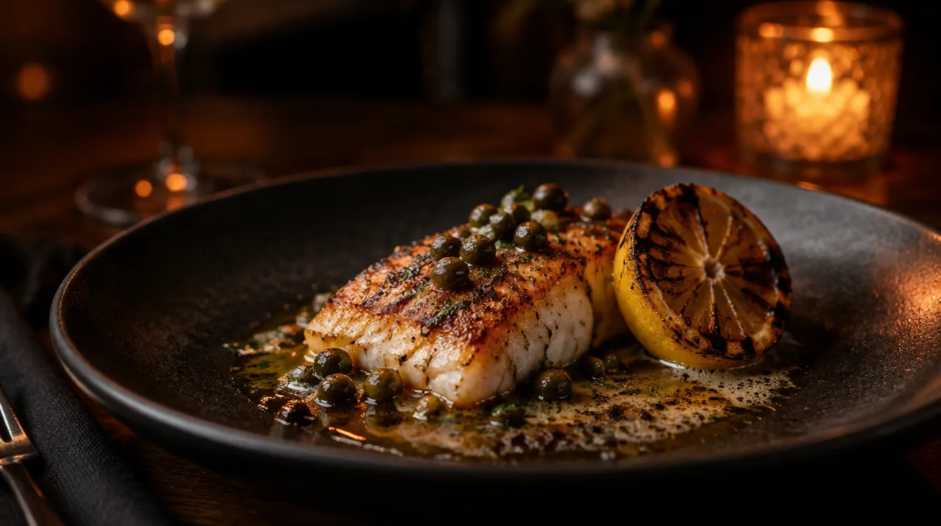 Seared tarakihi with capers and a charred lemon half on dark stoneware, a candle glowing behind