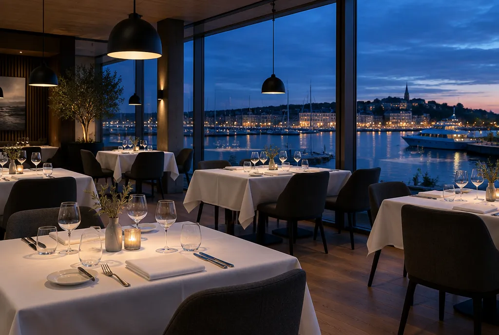The empty dining room at dusk: white linen, low black pendant lights and a wall of glass onto the harbour