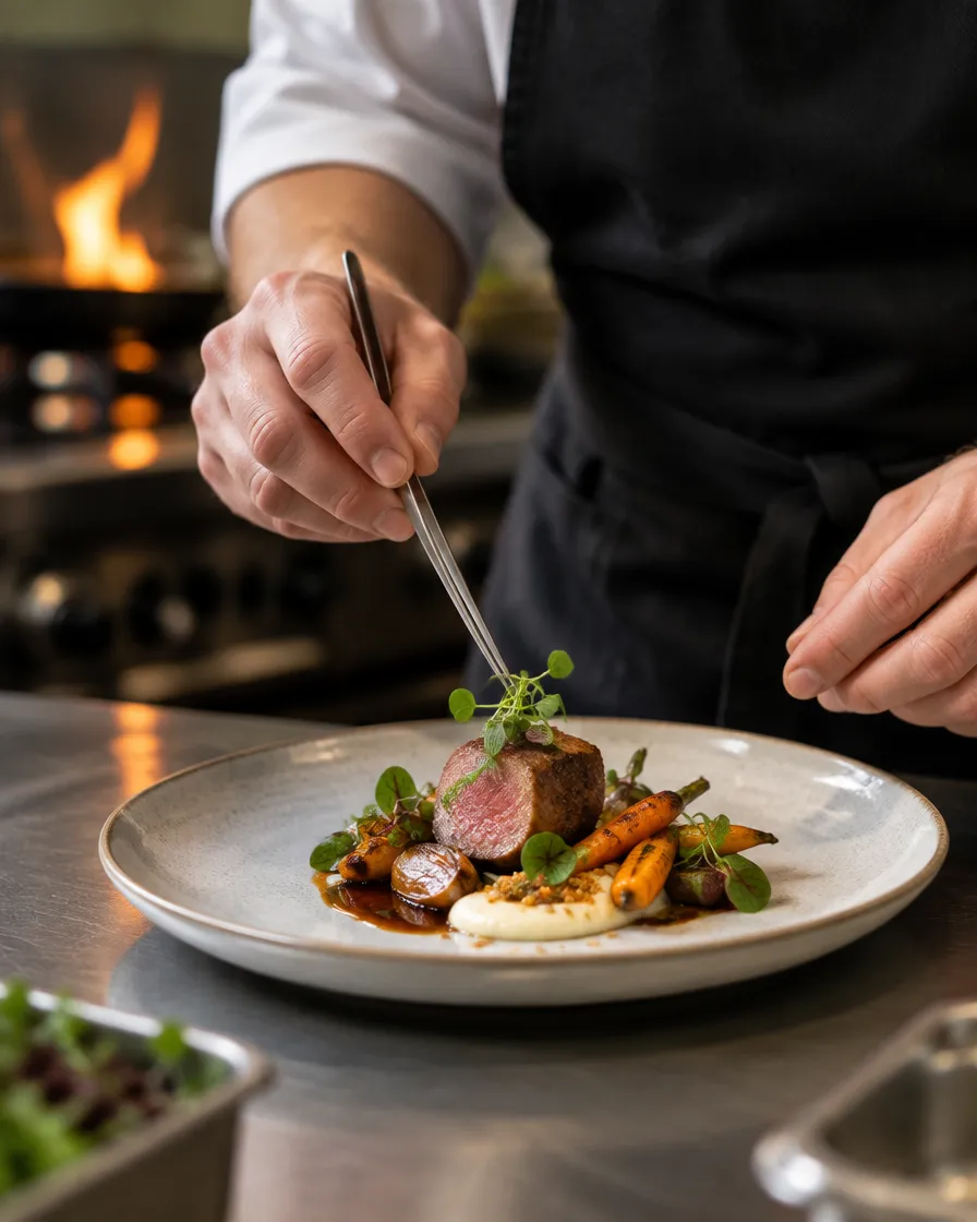 A chef in a black apron places herbs on a plate of lamb with fine tweezers, a flame glowing behind