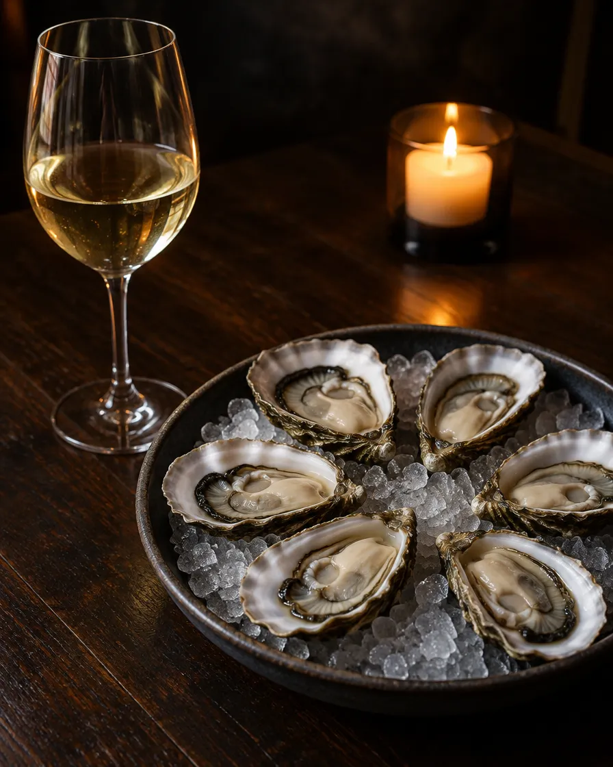 Six Pacific oysters on crushed ice beside a glass of pale white wine and a single candle
